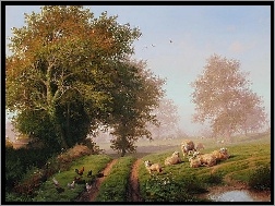 Obrazu, Kury, Reprodukcja, Droga, Drzewa, Owce, Łąki